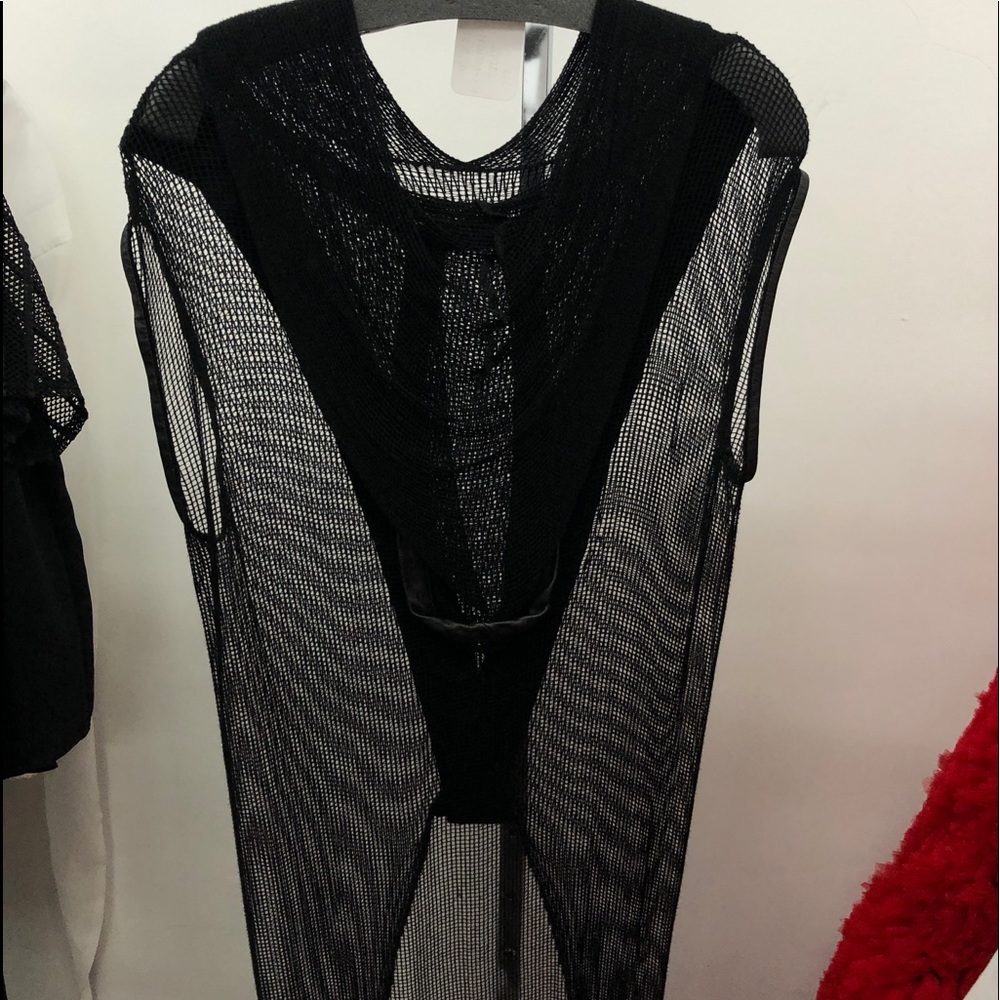 Black mesh sleeveless cover up with a hoodie